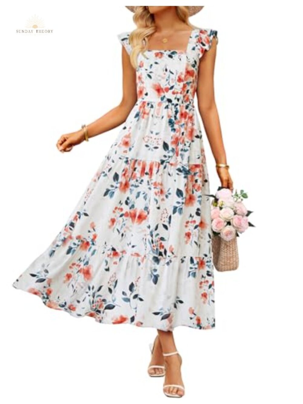 Women's Boho Floral Midi Dress Ruffled Cap Sleeve Square Neck Smocked Back